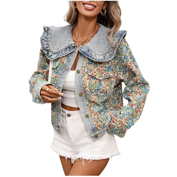 Women's Floral Print Cropped Denim Jacket, Sweet Peter Pan Collar Button Down Vintage Casual Coat