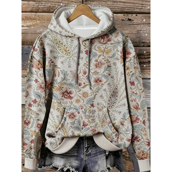 Women's Floral Print Drawstring Hooded Pullover, Casual Fall Winter Daily Outfit