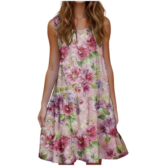 Women's Floral Print Dress Sleeveless Crewneck Summer Swing A-Line Dress Beach Casual Loose Sundress