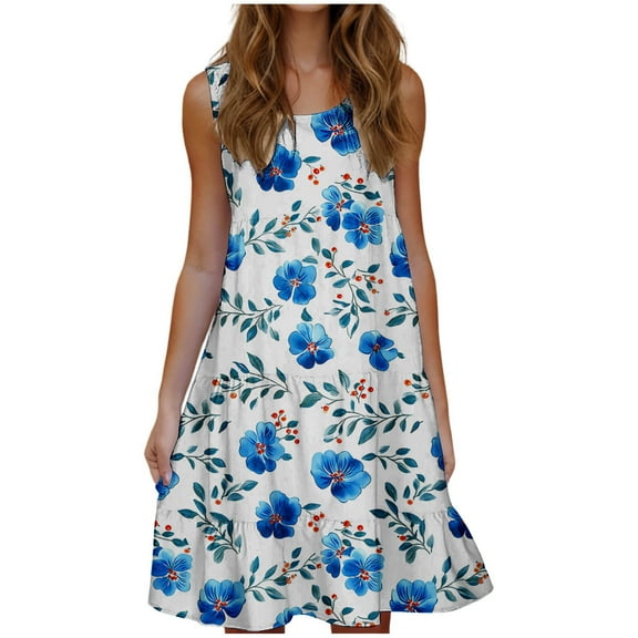 Women's Floral Print Dress Sleeveless Crewneck Summer Swing A-Line Dress Beach Casual Loose Sundress