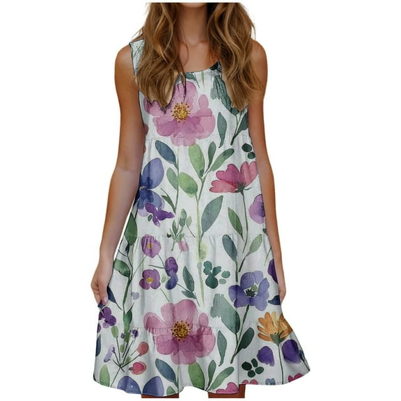 Women's Floral Print Dress Sleeveless Crewneck Summer Swing A-Line Dress Beach Casual Loose Sundress