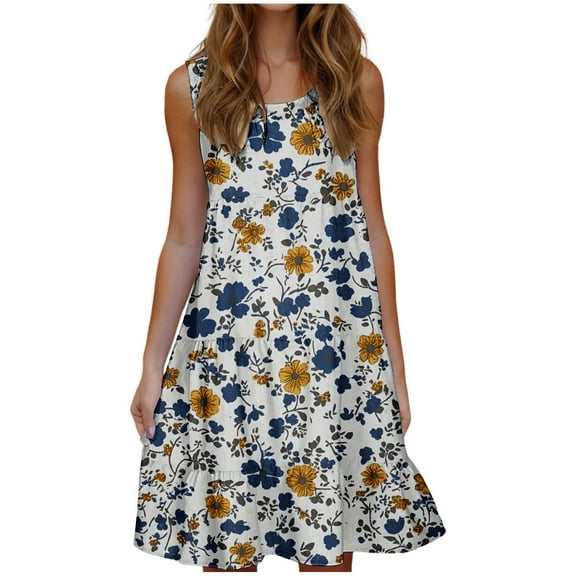 Women's Floral Print Dress Sleeveless Crewneck Summer Swing A-Line Dress Beach Casual Loose Sundress
