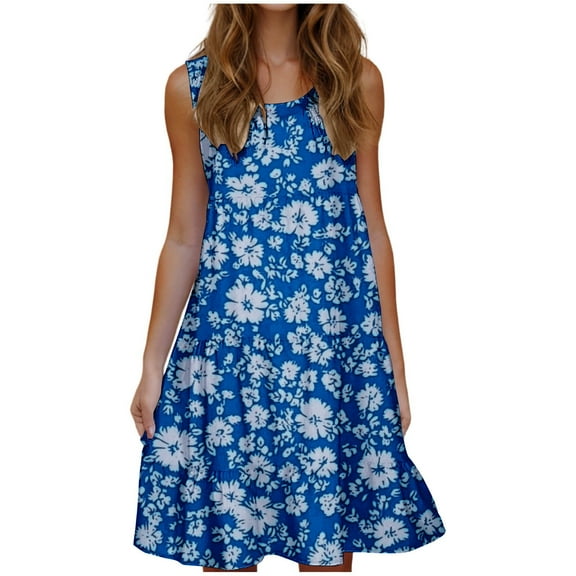 Women's Floral Print Dress Sleeveless Crewneck Summer Swing A-Line Dress Beach Casual Loose Sundress