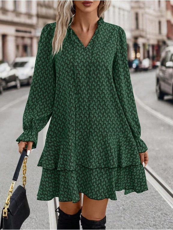Women's Floral Print Dress with Flare Sleeves and Ruffle Hem for Fall Daily Wear