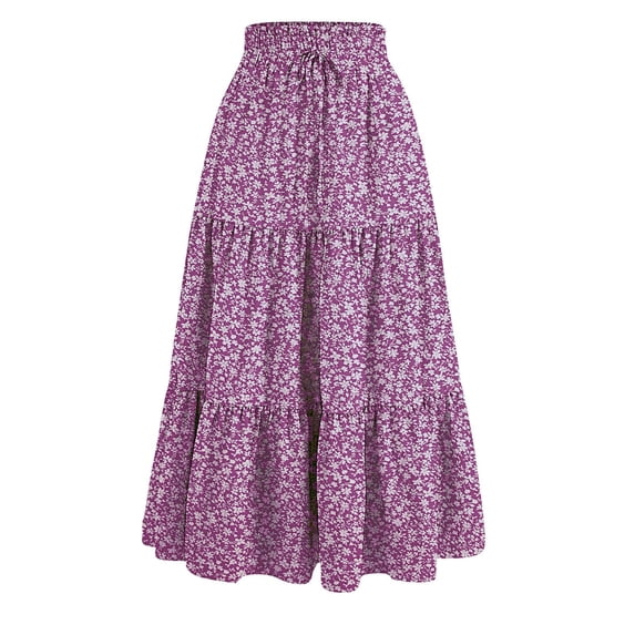Women’s Floral Print Elastic Waist Tiered Maxi Skirt Lightweight Casual Loose Fit Long Skirt for Everyday Wear Purple L