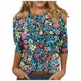 thumbnail image 1 of Women's Floral Print Fashion Tees Casual Crewneck 3/4 Sleeve Loose T Shirt Ladies Blouses Shirts, 1 of 5