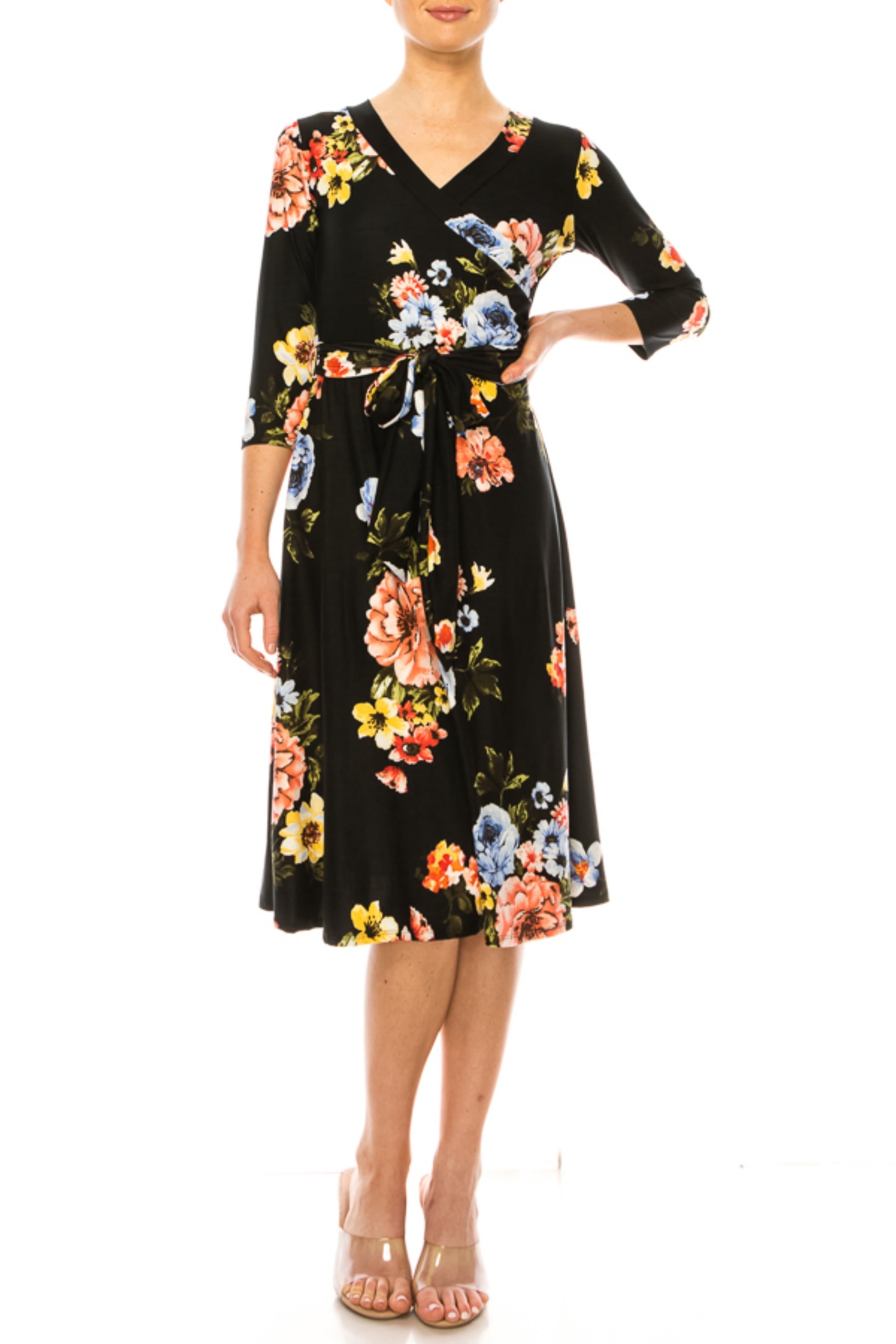 Solid faux wrap dress with deep V-neck