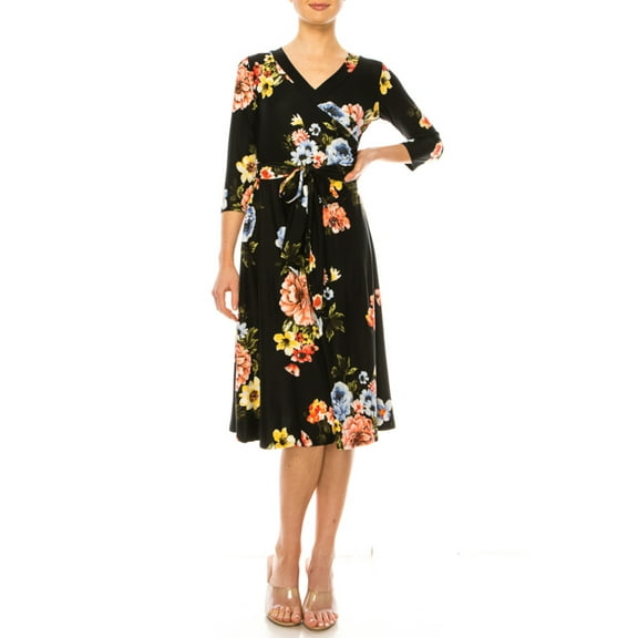 Moa Collection Women's Floral Print Faux Wrap Dress with Deep V-neck and Waist Tie