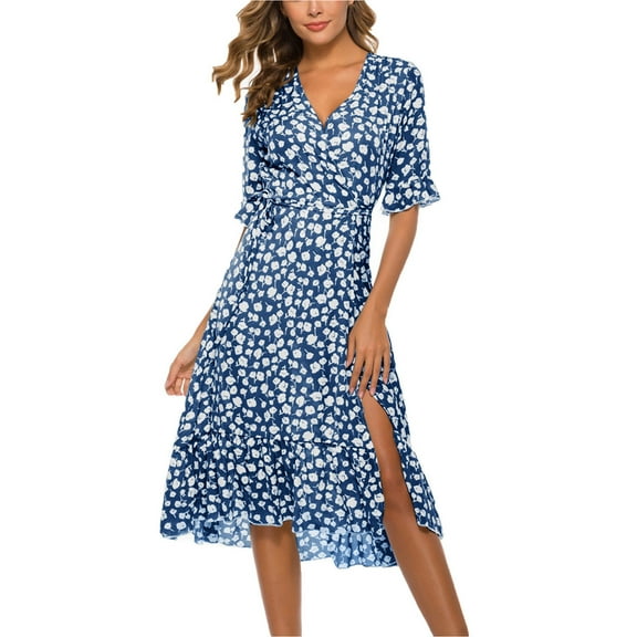 DailyTrove Women's Floral Print Fit & Flare Dress, Short Sleeve, Casual Beach & Brunch Wear, Lightweight Rayon Blend, Contrast Hem