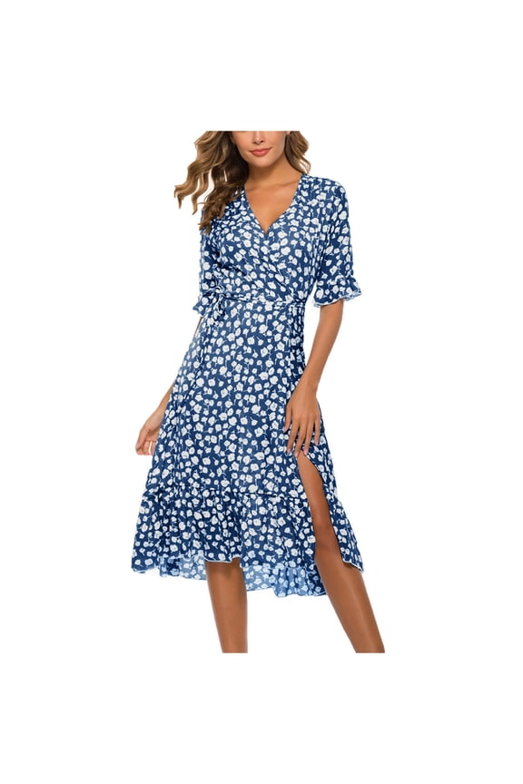 Women's Floral Print Fit & Flare Dress, Short Sleeve, Casual Beach & Brunch Wear, Lightweight Rayon Blend, Contrast Hem