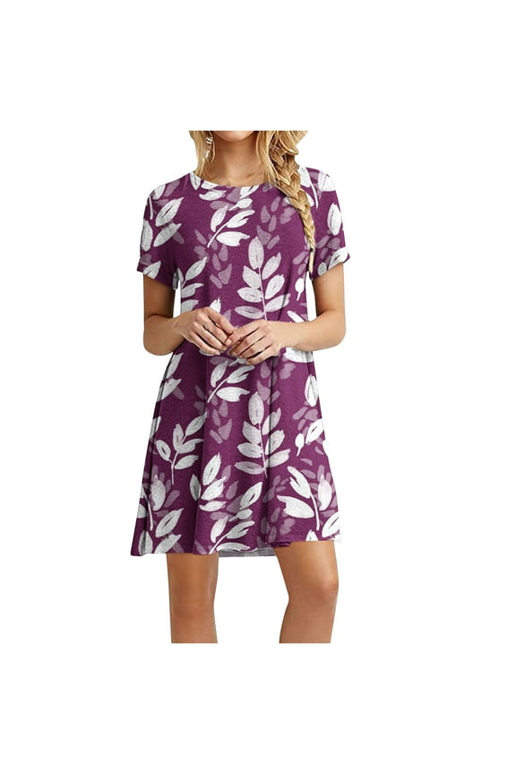 Women's Floral Print Fit & Flare Dress, Short Sleeve, Casual Garden & Brunch Wear, Soft Rayon Blend, Contrast Hem