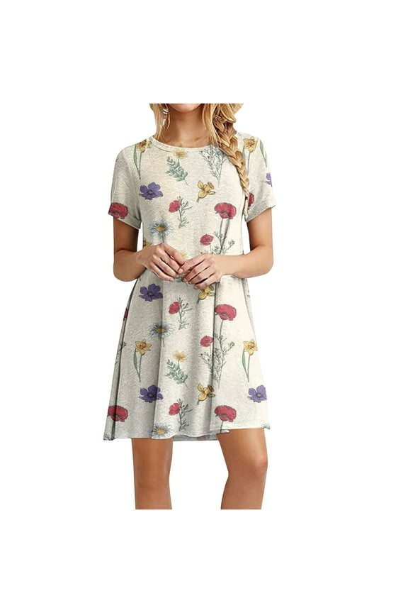 Women's Floral Print Fit & Flare Dress, Short Sleeve, Casual Garden & Brunch Wear, Soft Rayon Blend, Contrast Hem