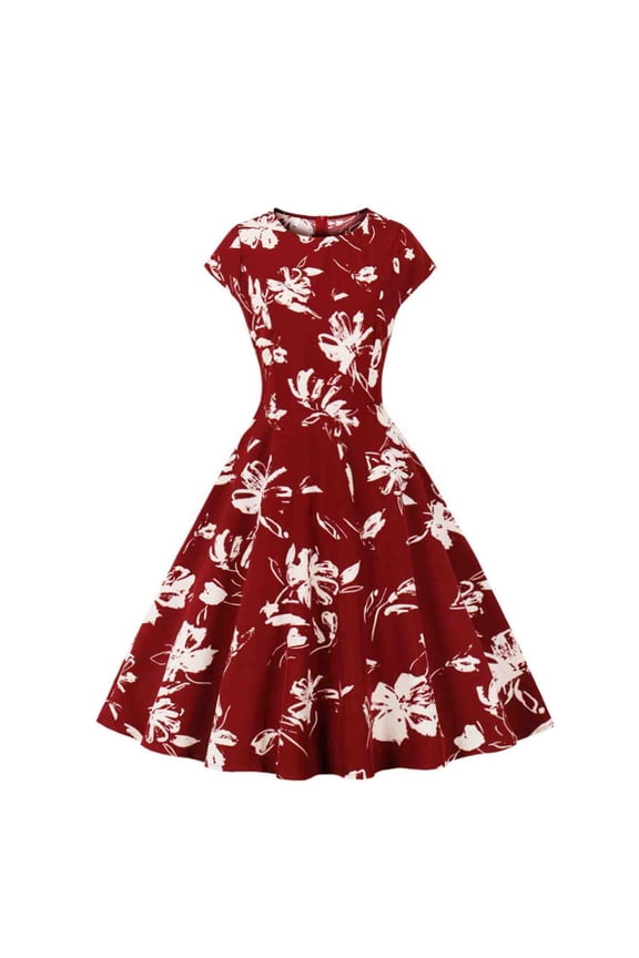 Women's Floral Print Fit & Flare Dress, Short Sleeve, Casual Garden & Evening Wear, Lightweight Rayon , Contrast Hem