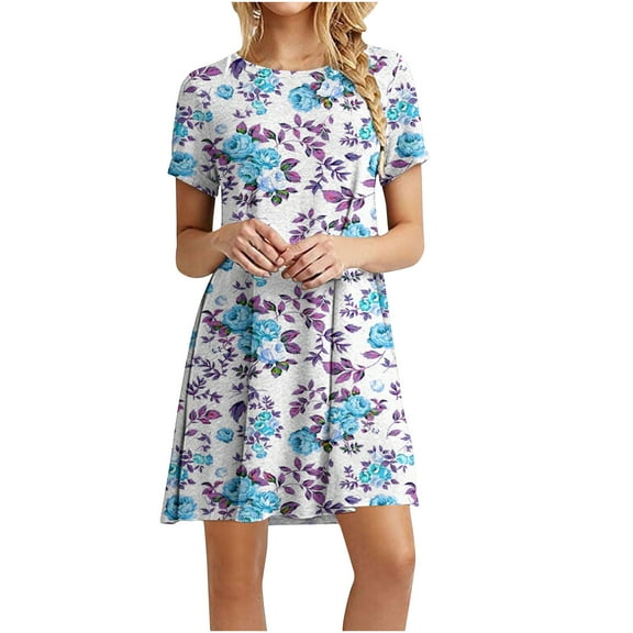 DailyTrove Women's Floral Print Fit & Flare Dress, Short Sleeve, Casual Garden & Picnic Wear, Lightweight Cotton Blend, Ruffled Hem