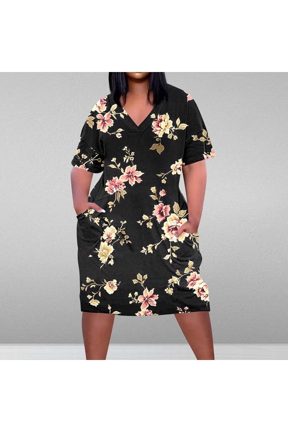 Women's Floral Print Fit & Flare Dress, Short Sleeve, Casual Office & Evening Wear, Lightweight Rayon Blend, Contrast Hem