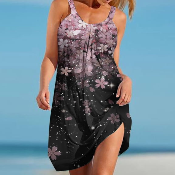 DailyTrove Women's Floral Print Fit & Flare Dress, Sleeveless, Casual Beach & Festival Wear, Lightweight Rayon Blend, Ruffled Hem