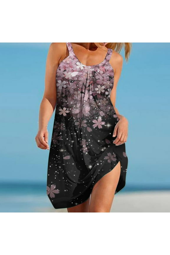 Women's Floral Print Fit & Flare Dress, Sleeveless, Casual Beach & Festival Wear, Lightweight Rayon Blend, Ruffled Hem