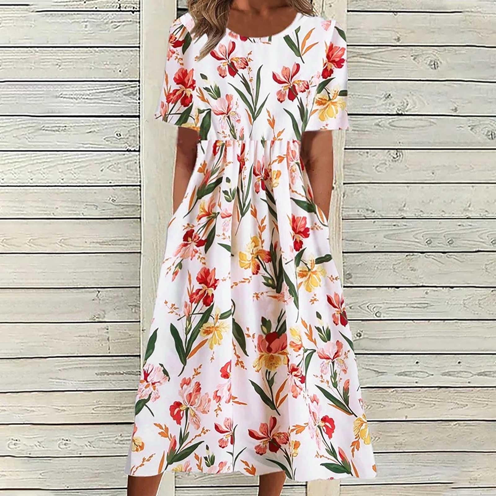 DailyTrove Women's Floral Print Fit & Flare Maxi Dress, Short Sleeve,  Garden Party & Picnic Outfit, Breathable Cotton Blend - Walmart.com