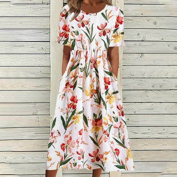 DailyTrove Women's Floral Print Fit & Flare Maxi Dress, Short Sleeve, Garden Party & Picnic Outfit, Breathable Cotton Blend