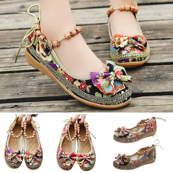 Women's Floral Print Flat Tribal Style Ankle Strap Slip On Casual Walking Shoes Black qILAKOG Size 4.5
