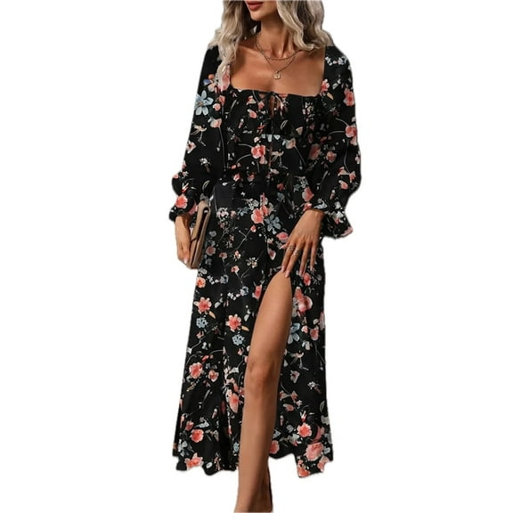 Women's Floral Print Flounce Sleeve Midi Dress with Tie Details Ninety Five Percent Polyester And Five Percent Elastane