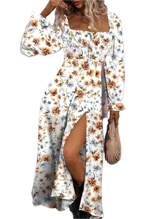 Women's Floral Print Flounce Sleeve Midi Dress with Tie Details Ninety Five Percent Polyester And Five Percent Elastane