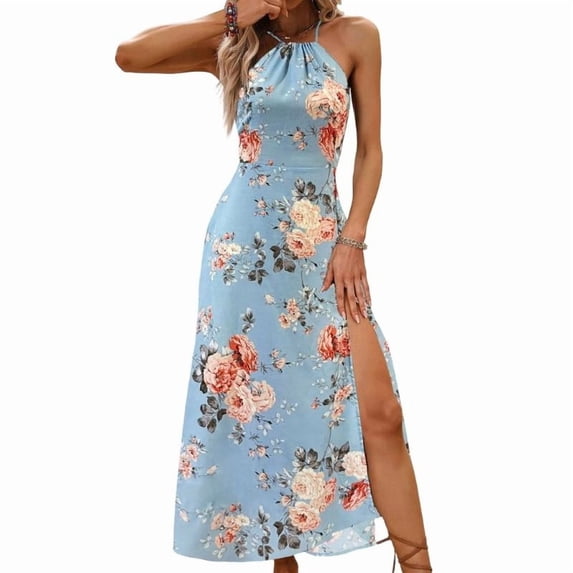 Women's Floral Print Flowy Long Dress with Slit, Perfect for Beach Wear