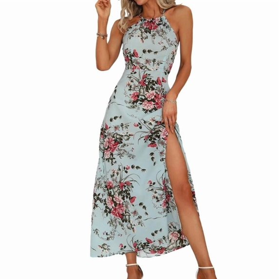Women's Floral Print Flowy Long Dress with Slit, Perfect for Beach Wear