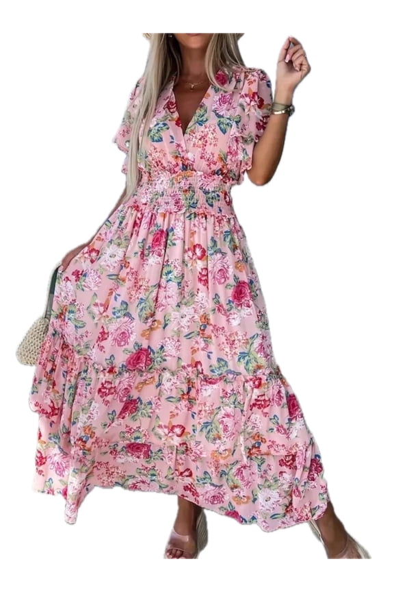 Women's Floral Print Flutter Sleeve Maxi Dress with Smocked Bodice Tiered 100% Polyester Fabric for Everyday Wear