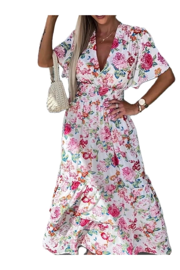 Women's Floral Print Flutter Sleeve Maxi Dress with Smocked Bodice Tiered 100% Polyester Fabric for Everyday Wear