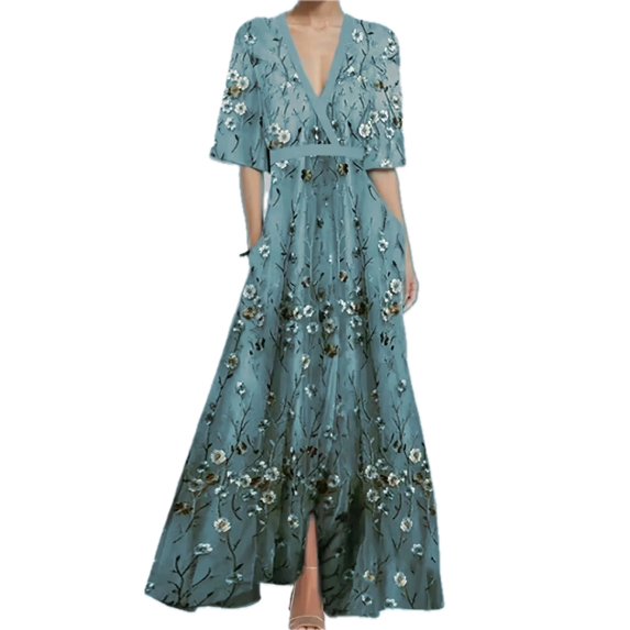 Women's Floral Print Half Sleeve Wrap Maxi Dress with Pockets and Slit Everyday Wear 100% Polyester Fabric Type