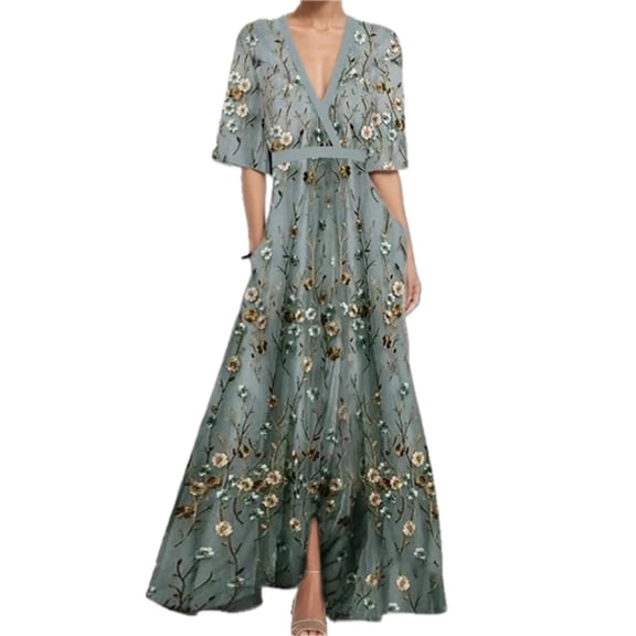 Women's Floral Print Half Sleeve Wrap Maxi Dress with Pockets and Slit Everyday Wear 100% Polyester Fabric Type