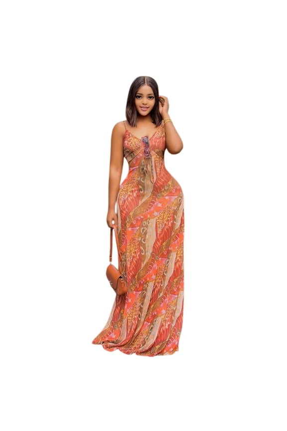 Women's Floral Print Halter Lace-Up Chest Wrapped Sleeveless Backless Hips Wrapped Long Dress, Light & Thin, Sexy