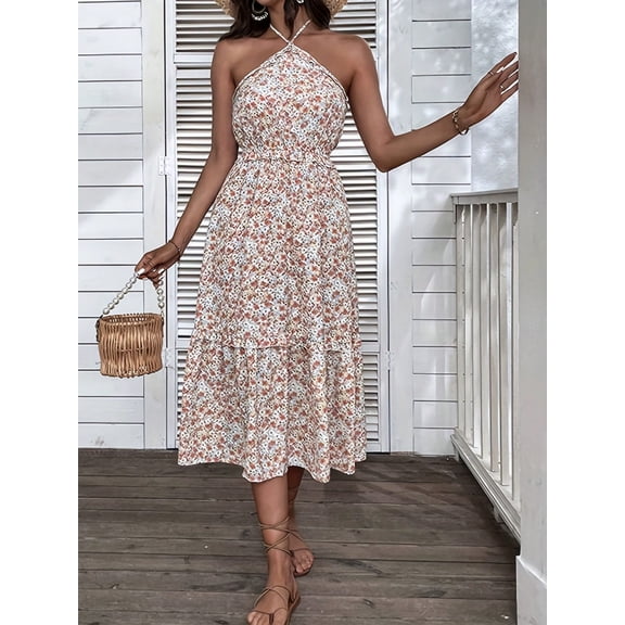 Women's Floral Print Halter Maxi Dress with Tiered Skirt and Elastic Waist- Large, Light Beige