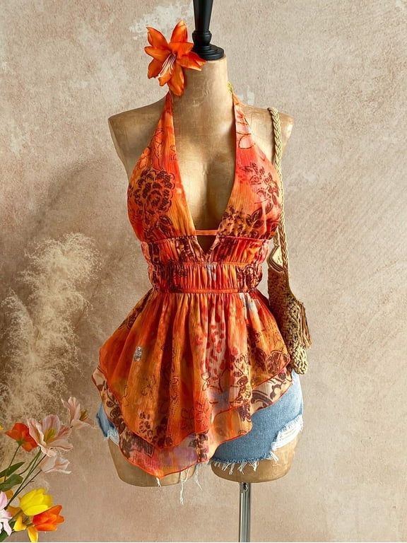 Women's Floral Print Halter Neck Backless Bow Tie Asymmetric Hem Top