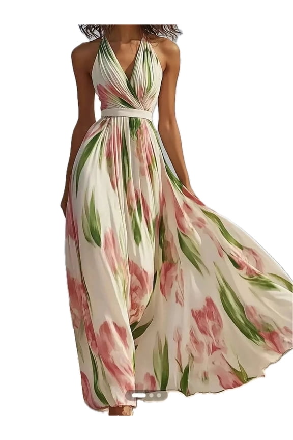 Women's Floral Print Halter Neck Maxi Dress with Tied Front Smocked Back Flowing Silhouette Polyester Fabric 100%