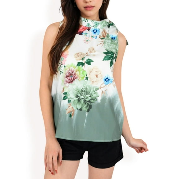 Women's Floral Print High Neck Blouse with Side Bow Tie Detail- Green,X Large