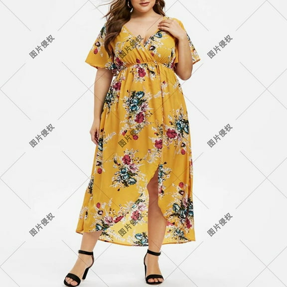 DailyTrove Women's Floral Print High-Slit Maxi Dress, Short Sleeve, Casual Beach & Evening Wear, Lightweight Chiffon Blend, Fit & Flare