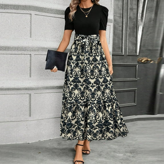 Women's Floral Print High Waist Loose Fit Swing Dress With Pockets, Fashionable Elegant Casual Style, Suitable For Daily Wear Vacation Beach Work Party