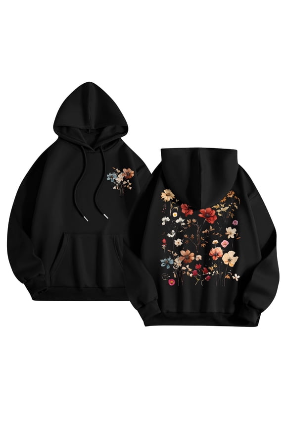 Women's Floral Print Hoodie Cozy Long Sleeve Pullover with Kangaroo Pocket Casual Loose Fit Sweatshirt
