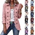 thumbnail image 1 of Women's Floral Print Jacket, Trendy Lapel Ruffle Hem 3/4 Sleeve Button Down Top ,Lightweight Vintage Solid Color Casual Outerwear Purple S, 1 of 6