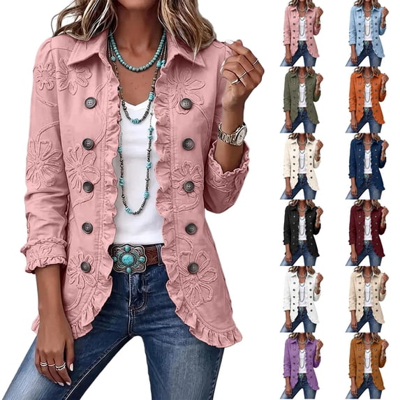 Women's Floral Print Jacket, Trendy Lapel Ruffle Hem 3/4 Sleeve Button Down Top ,Lightweight Vintage Solid Color Casual Outerwear Saffron M