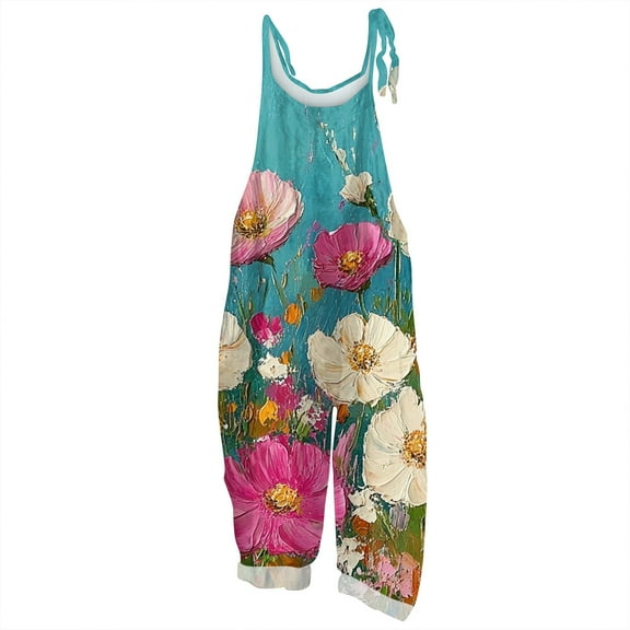 Women's Floral Print Jumpsuit - Vintage Strappy Cotton Linen Overalls for Summer Casual & Boho Style ,Cyan,L