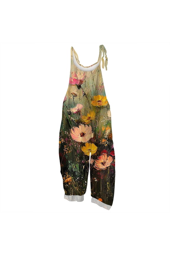 Women's Floral Print Jumpsuit - Vintage Strappy Cotton Linen Overalls for Summer Casual & Boho Style ,Green,M