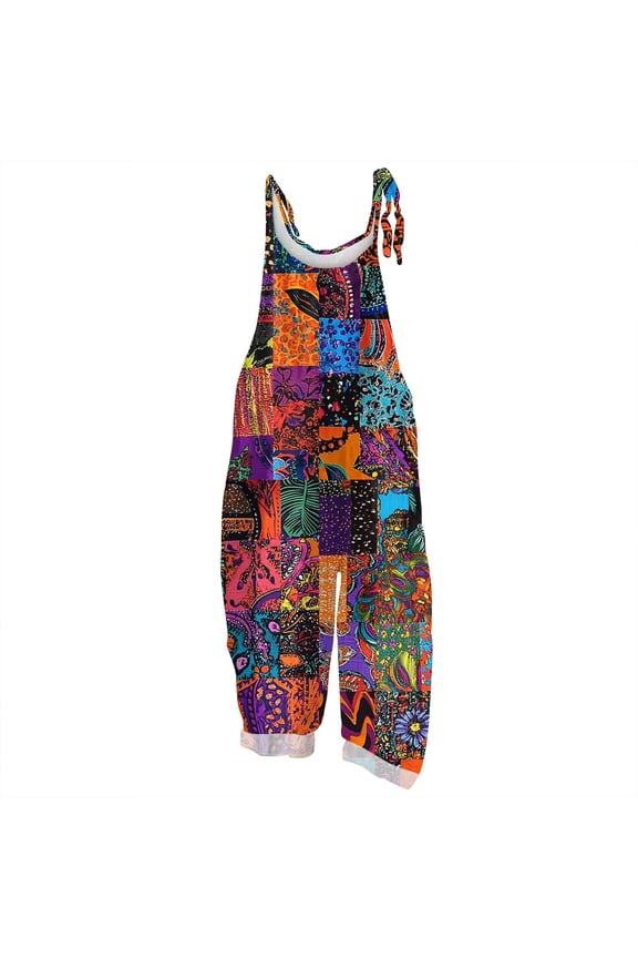Women's Floral Print Jumpsuit - Vintage Strappy Cotton Linen Overalls for Summer Casual & Boho Style ,Hot Pink,2XL