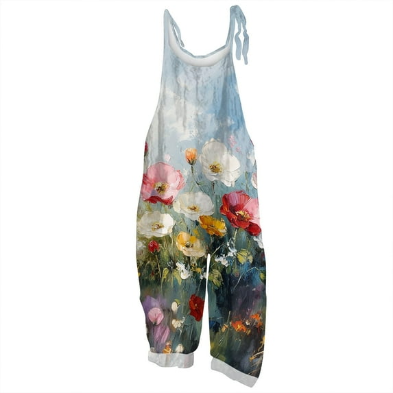 Women's Floral Print Jumpsuit - Vintage Strappy Cotton Linen Overalls for Summer Casual & Boho Style ,Light Blue,M