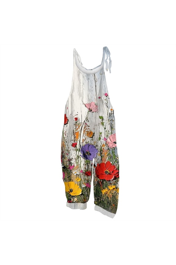 Women's Floral Print Jumpsuit - Vintage Strappy Cotton Linen Overalls for Summer Casual & Boho Style ,White,L