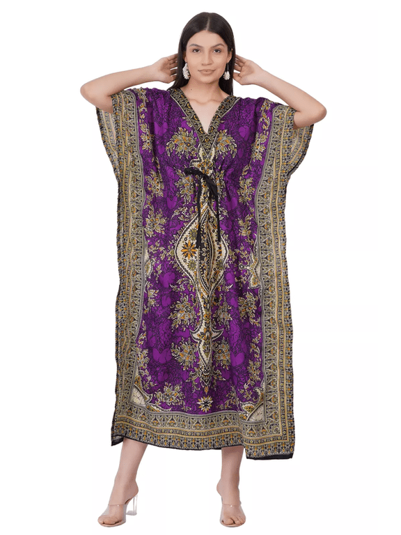Women's Floral Print Kaftan Maxi Dress Purple One Size Long Tunic Kimono Sleeve