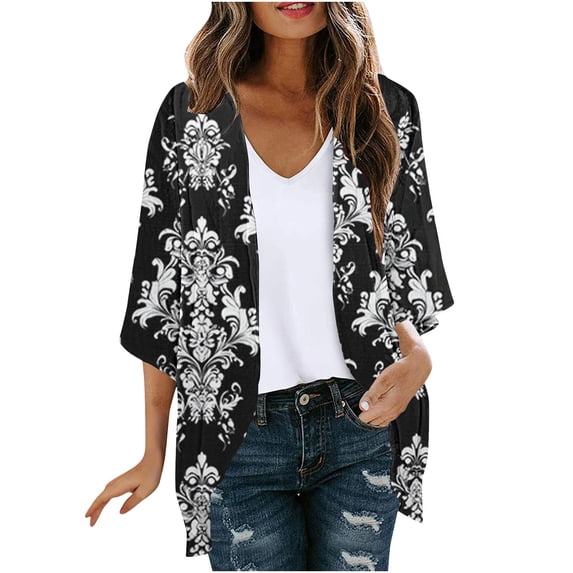 Women's Floral Print Kimono Cardigan Casual 3/4 Sleeve Open Front Lightweight Cover Up