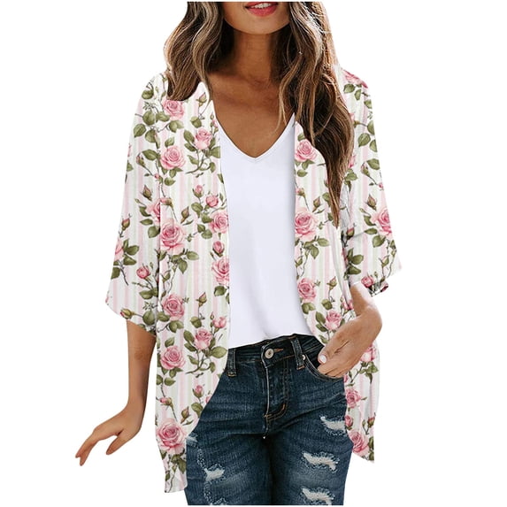 Women's Floral Print Kimono Cardigan Casual 3/4 Sleeve Open Front Lightweight Cover Up